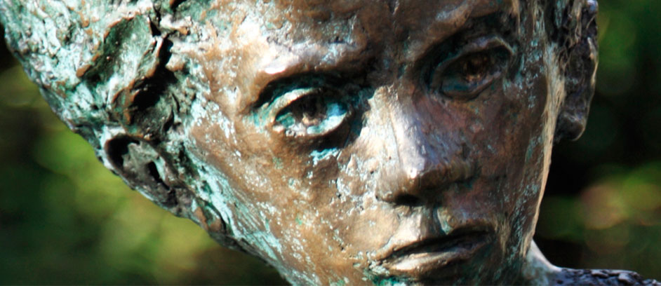 close up photo of the face of one of the sculpure